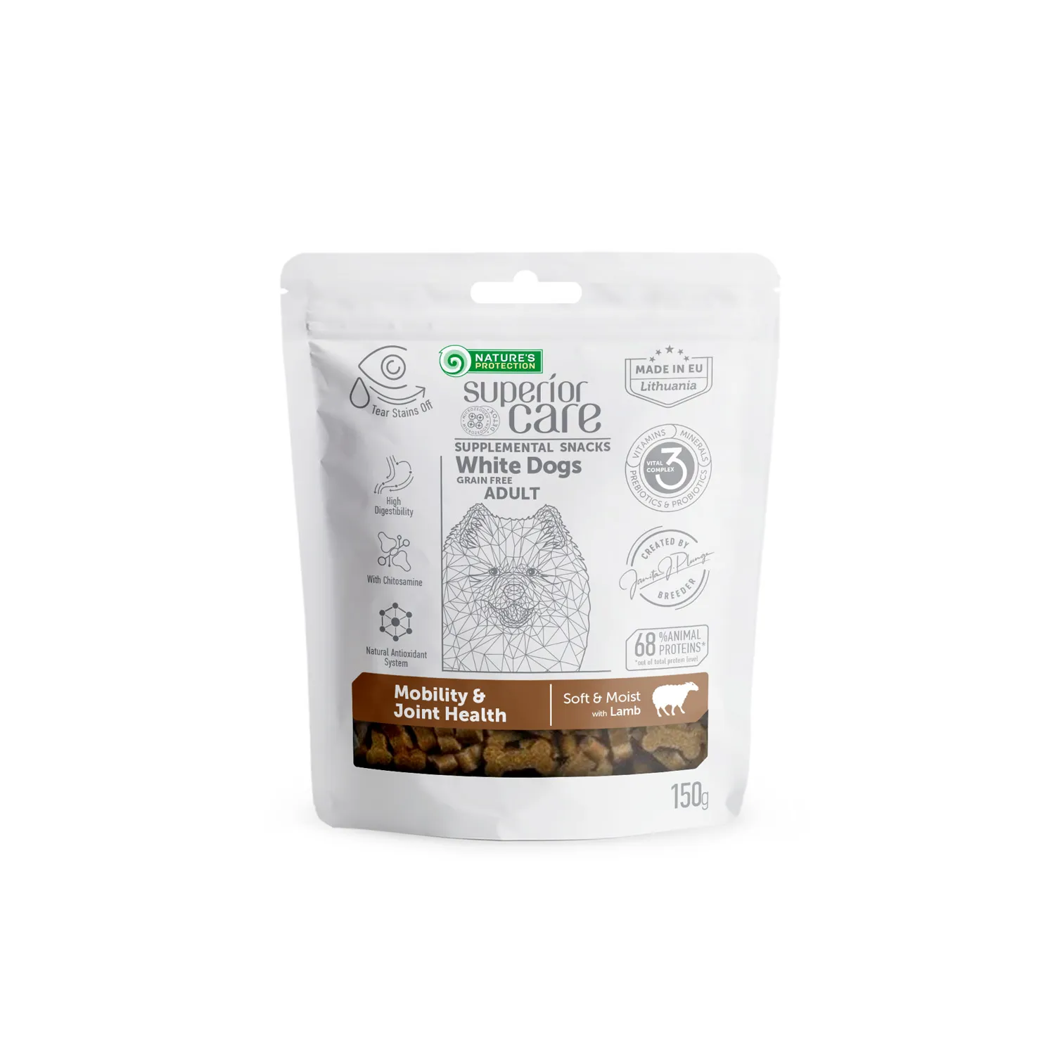 Nature's Protection Superior Care Dogs Adult Mobility&Joint Health Lamb, 150 г, беззерновые лакомства с ягнятиной для взрослых собак всех пород с белым окрасом шерсти