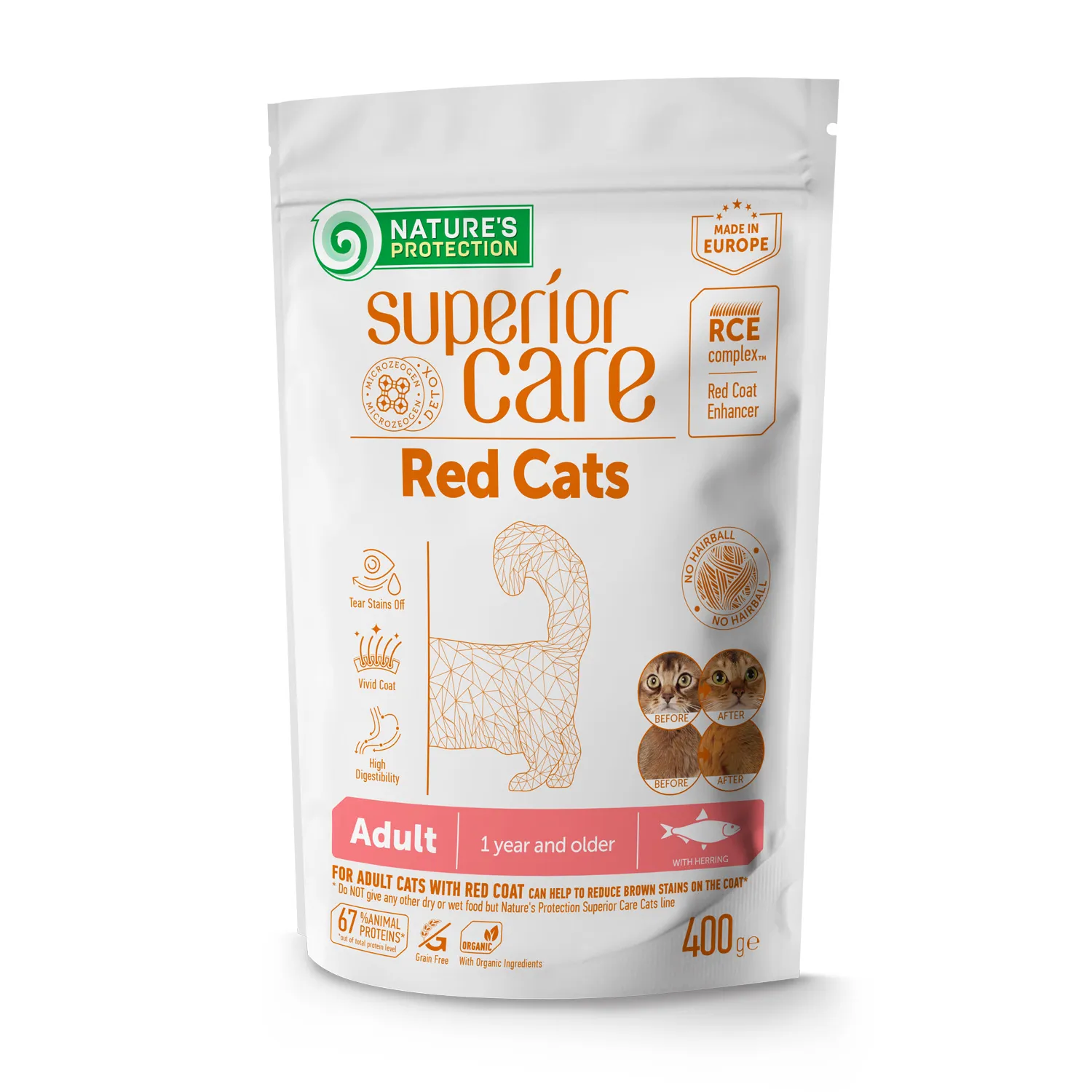 Nature's Protection Superior Care Red Cats Adult All Breeds Grain Free Herring, 400 г, беззерновой сухой корм для взрослых кошек всех пород с рыжей и коричневой окраской шерсти с селедкой