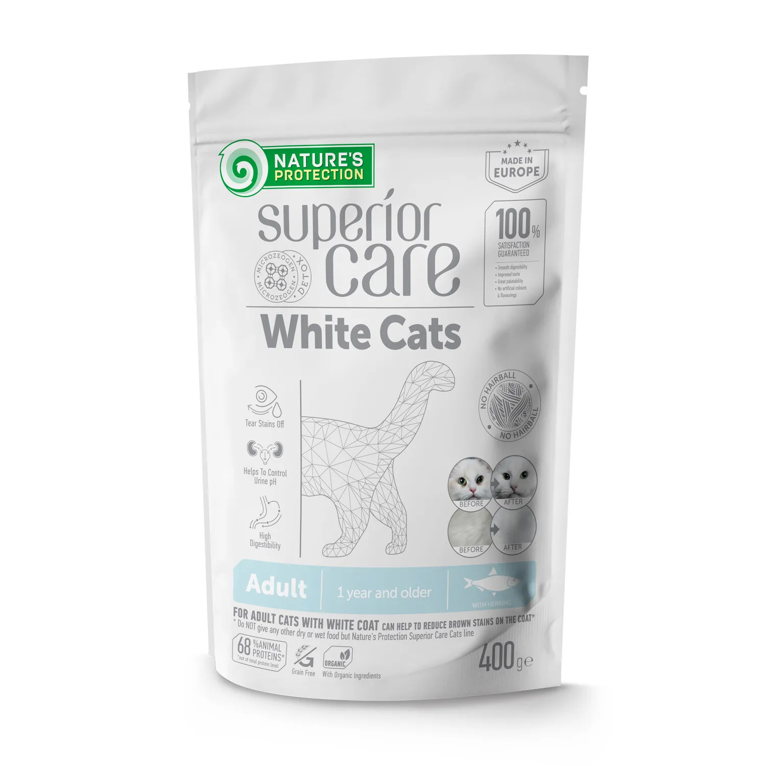 Nature's Protection Superior Care White Cats Grain Free Herring Adult All Breeds, 400 г, беззерновой сухой корм с селедкой для взрослых кошек всех пород с белой окраской шерсти