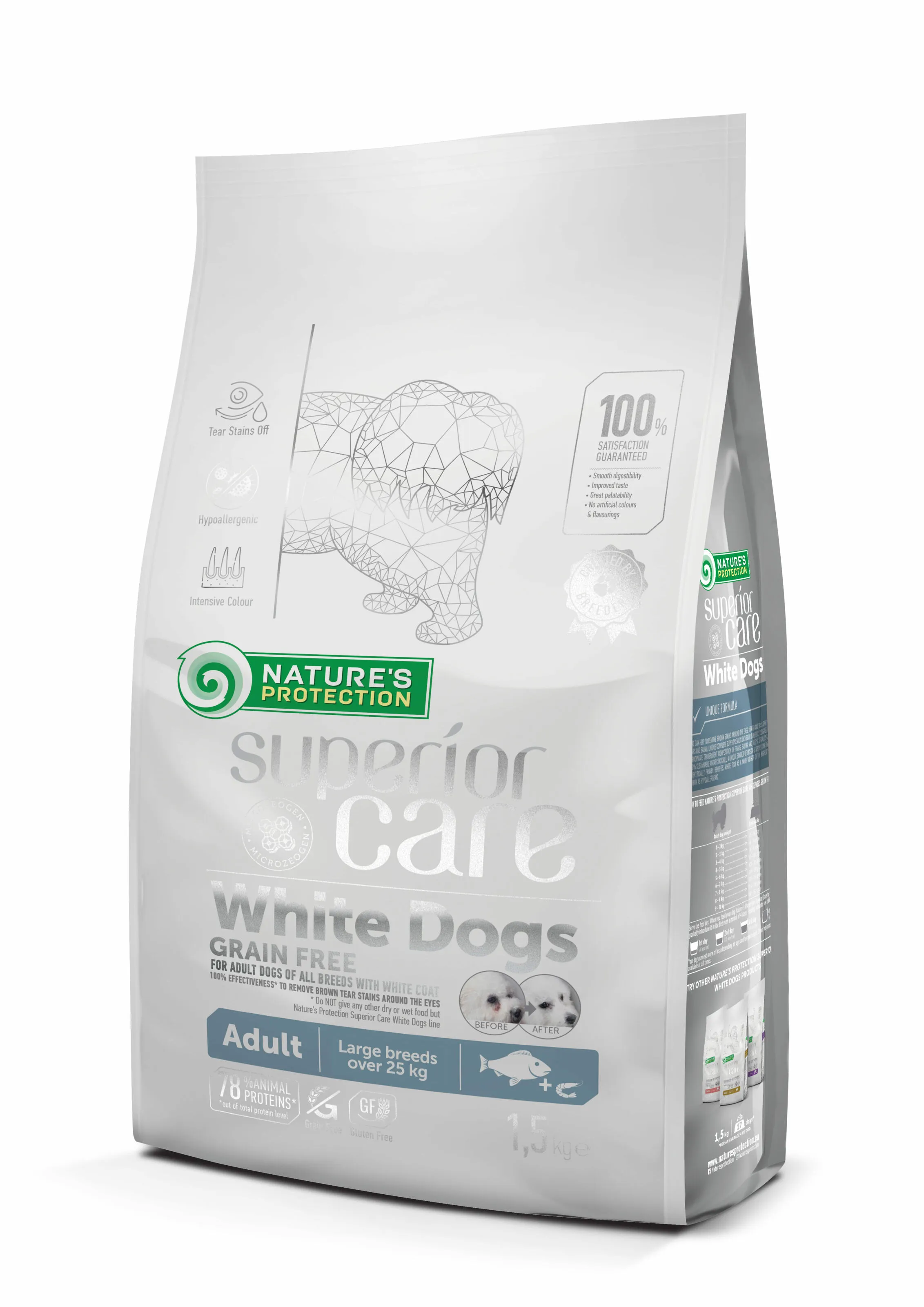 Nature's Protection Superior Care White Dogs Grain Free Adult Large Breeds White Fish, 1,5 кг, беззерновой сухой корм для взрослых собак больших пород с белой шерстью, с белой рыбой