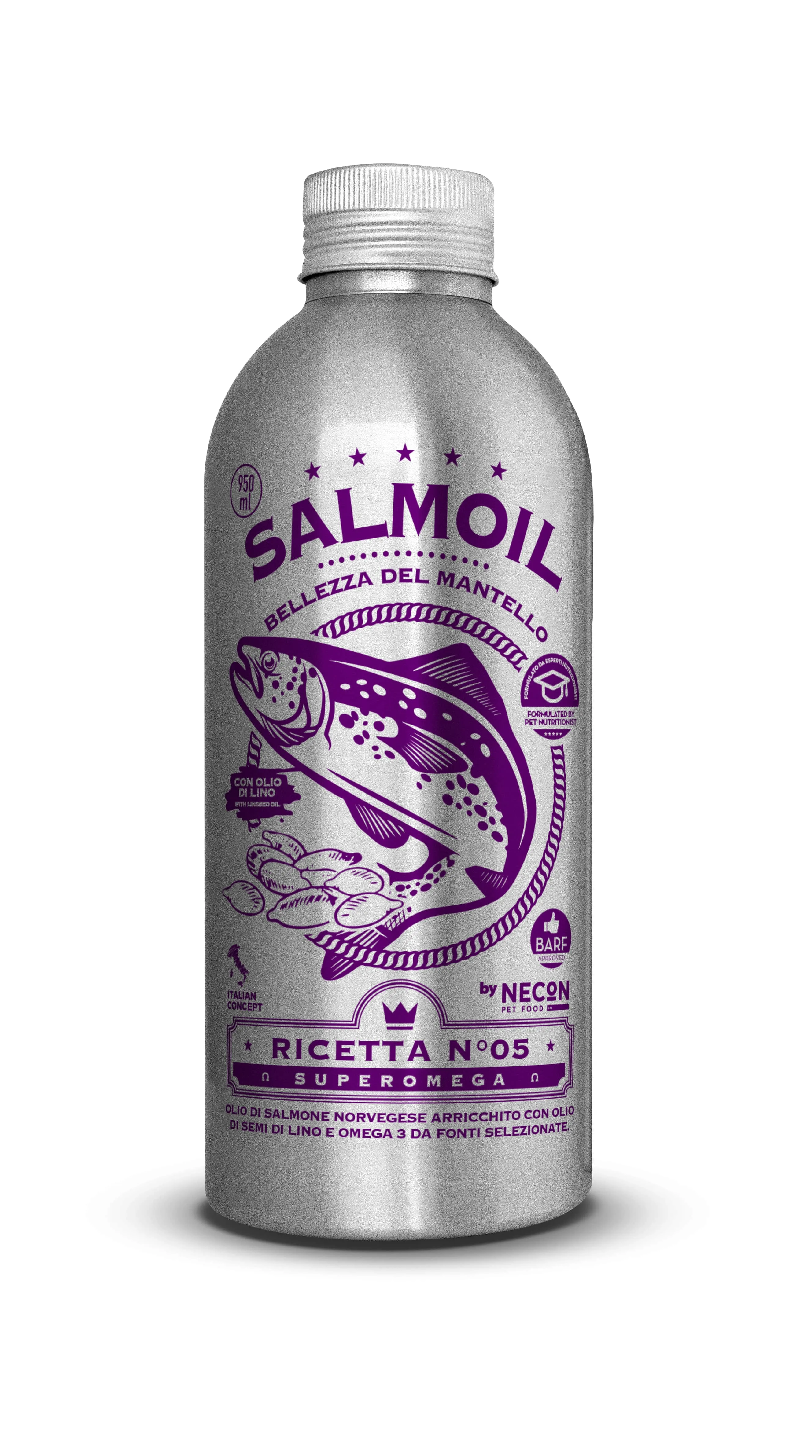 Necon Salmoil Ricetta №05 Superomega лососевое масло для собак и кошек, сияющая кожа и блестящая шерсть - 950 мл