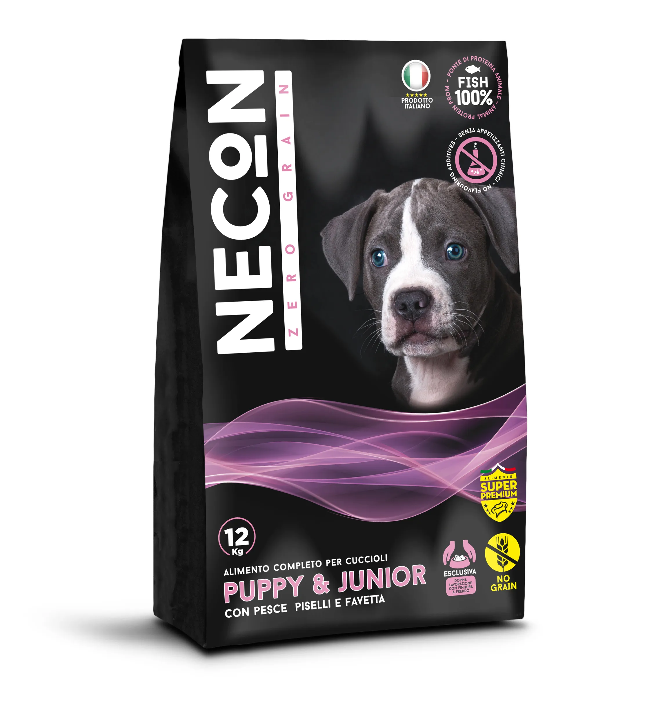 Necon Zero Grain Puppy & Junior Fish, Pea and Horse Bean монопротеиновый сухой корм с рыбой, горошком и фасолью для щенков и юниоров собак всех пород - 12 кг