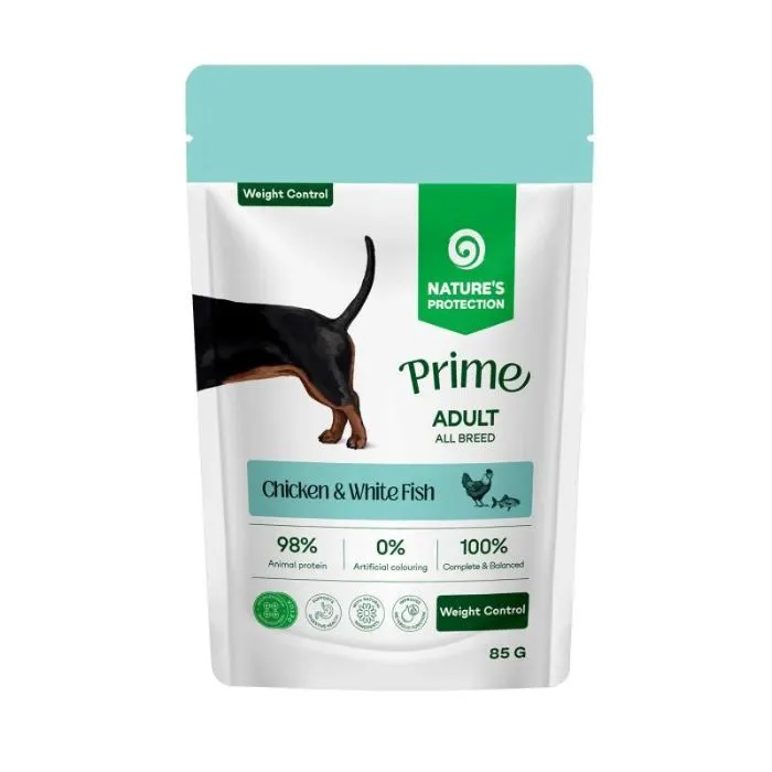 Nature's Protection Prime Weight Control Adult Dogs All Breed Chicken and White Fish, 85 г, влажный корм для собак для контроля веса с курицей и белой рыбой (кусочки в соусе)
