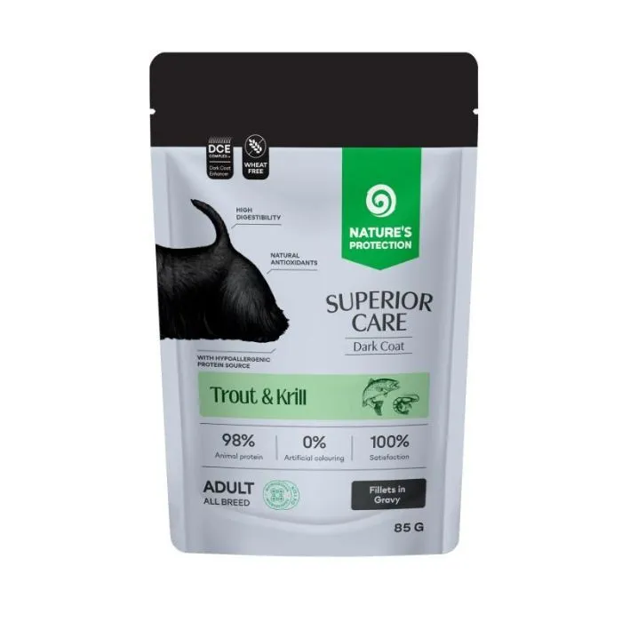 Nature's Protection Superior Care Dark Coat Grain Free Adult All Breed Trout and Krill, 85 г, влажный корм для собак с темной окраской с форелью и крилем (кусочки в соусе)