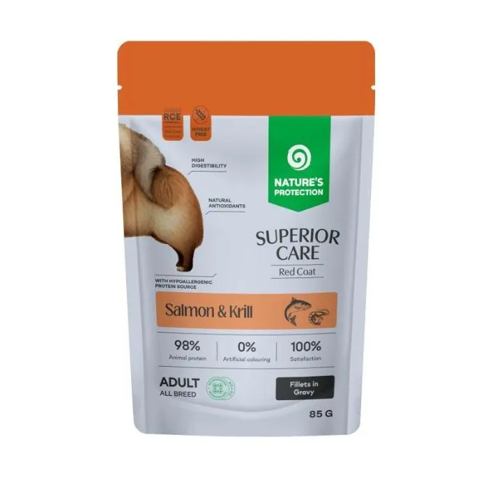Nature's Protection Superior Care Red Coat All Breed Grain Free Adult Salmon and Krill, 85 г, влажный корм для собак с рыжей окраской с лососем и крилем (кусочки в соусе)
