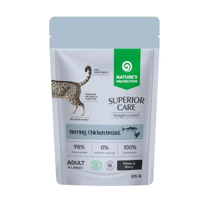 Nature's Protection Superior Care Weight Control Grain Free Adult Cats All Breed with Herring and Chicken Breast, 85 г, влажный корм для кошек для контроля веса с селедкой и курицей (кусочки в соусе)