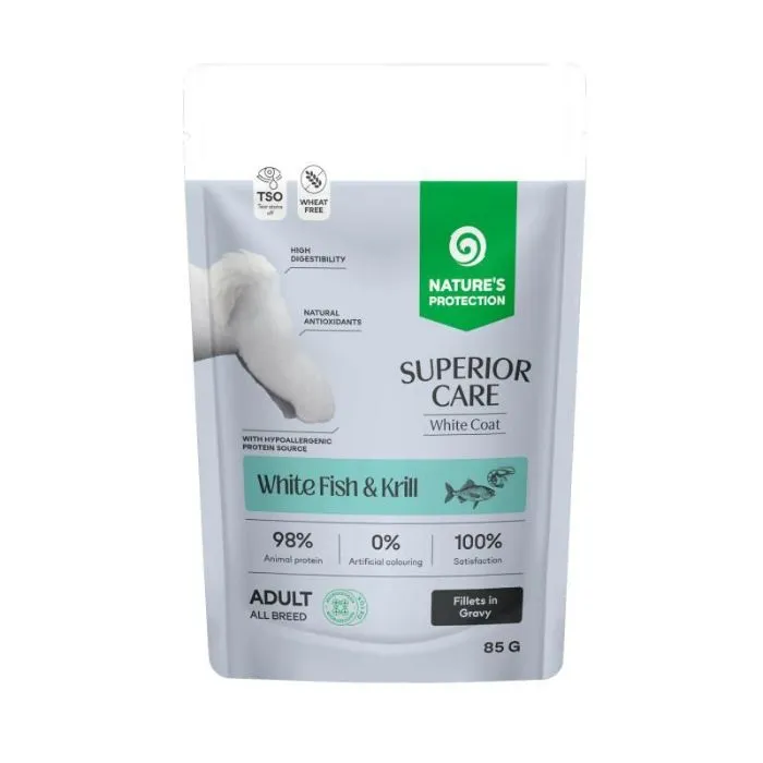 Nature's Protection Superior Care White Dogs All Breed Grain Free Adult All White Fish and Krill, 85 г, влажный корм для собак с белой окраской с белой рыбой и крилем (кусочки в соусе)