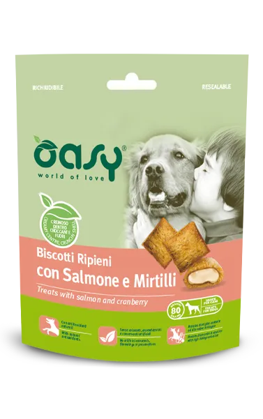 Oasy Dog Treats Salmon and Cranberry лакомство для собак, мясные подушечки с лососем и черникой - 80 г
