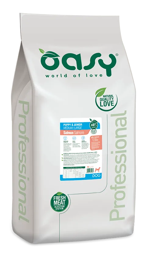 Oasy One Animal Puppe & Junior Medium/Large Salmon сухой корм для щенков собак средних и крупных пород, с лососем - 18 кг