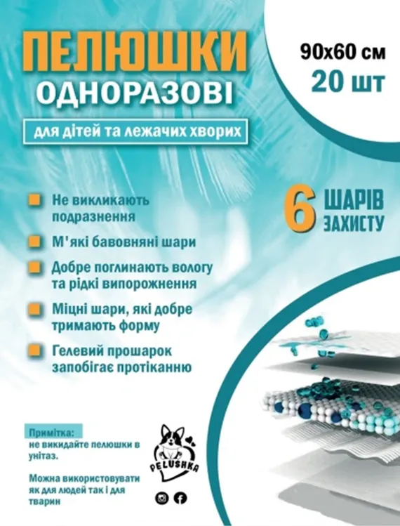 Pelushka одноразовые пеленки для животных, 60х90 см, 20 шт
