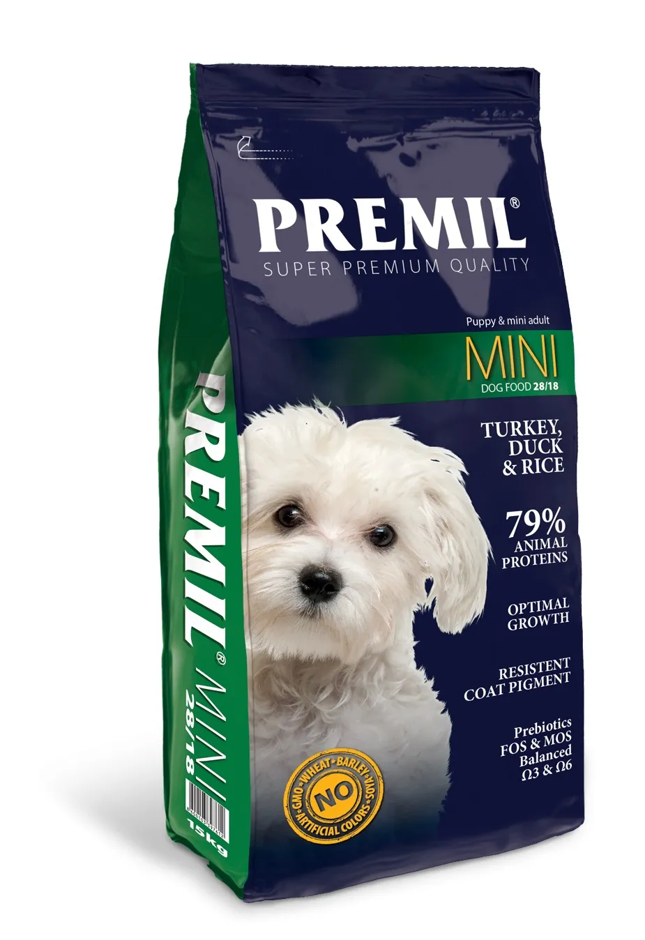Premil Dog Mini (28/18) сухой корм с индейкой, уткой и рисом для щенков и взрослых собак мелких и средних пород - 15 кг