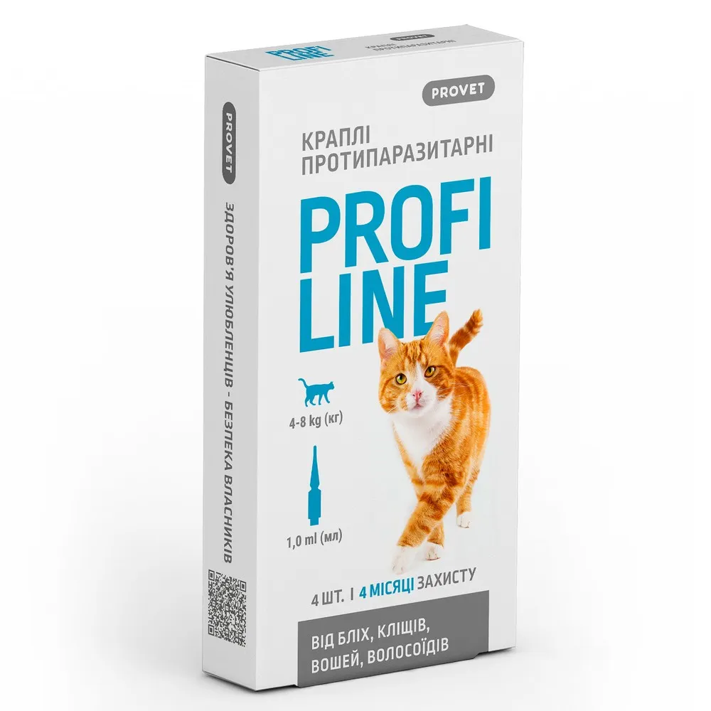 ProVet ProfiLine капли для кошек 4-8 кг, 4 пипетки по 1,0 мл (инсектоакарицид)