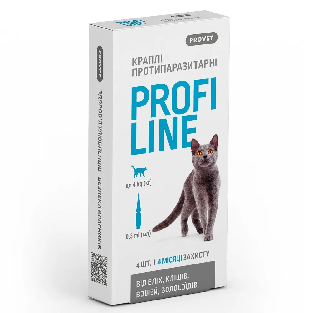 ProVet ProfiLine капли для кошек до 4 кг, 4 пипетки по 0,5 мл (инсектоакарицид)