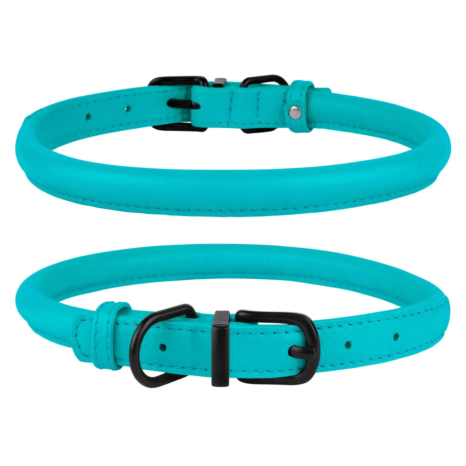 BronzeDog Premium Ошейник для Собак Круглый Кожаный с Металлической Фурнитурой Голубой M