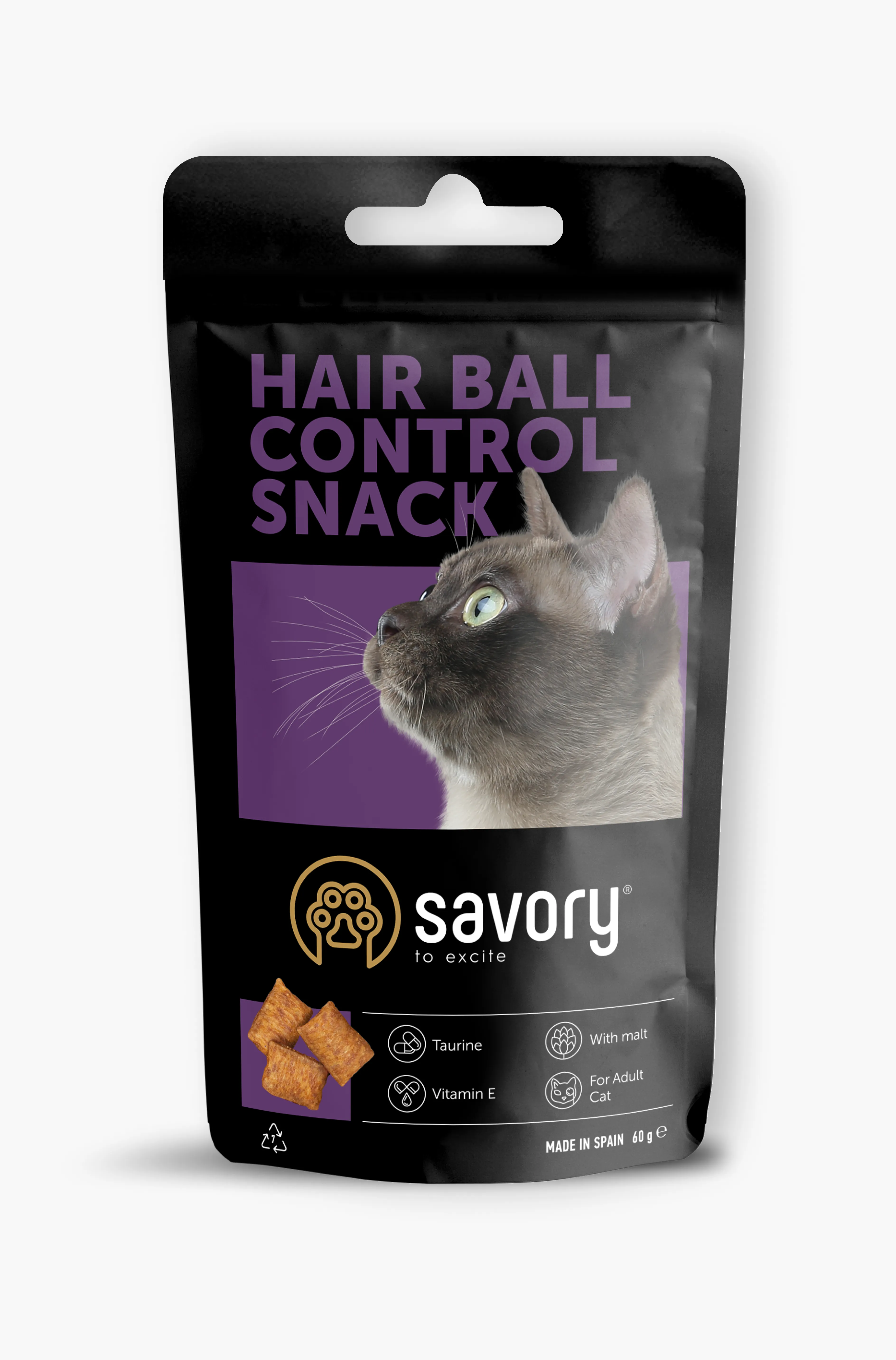 Savory Snack хрумкі ласощі подушечки для заохочення котів, контроль шерстяних кульок - 60 г