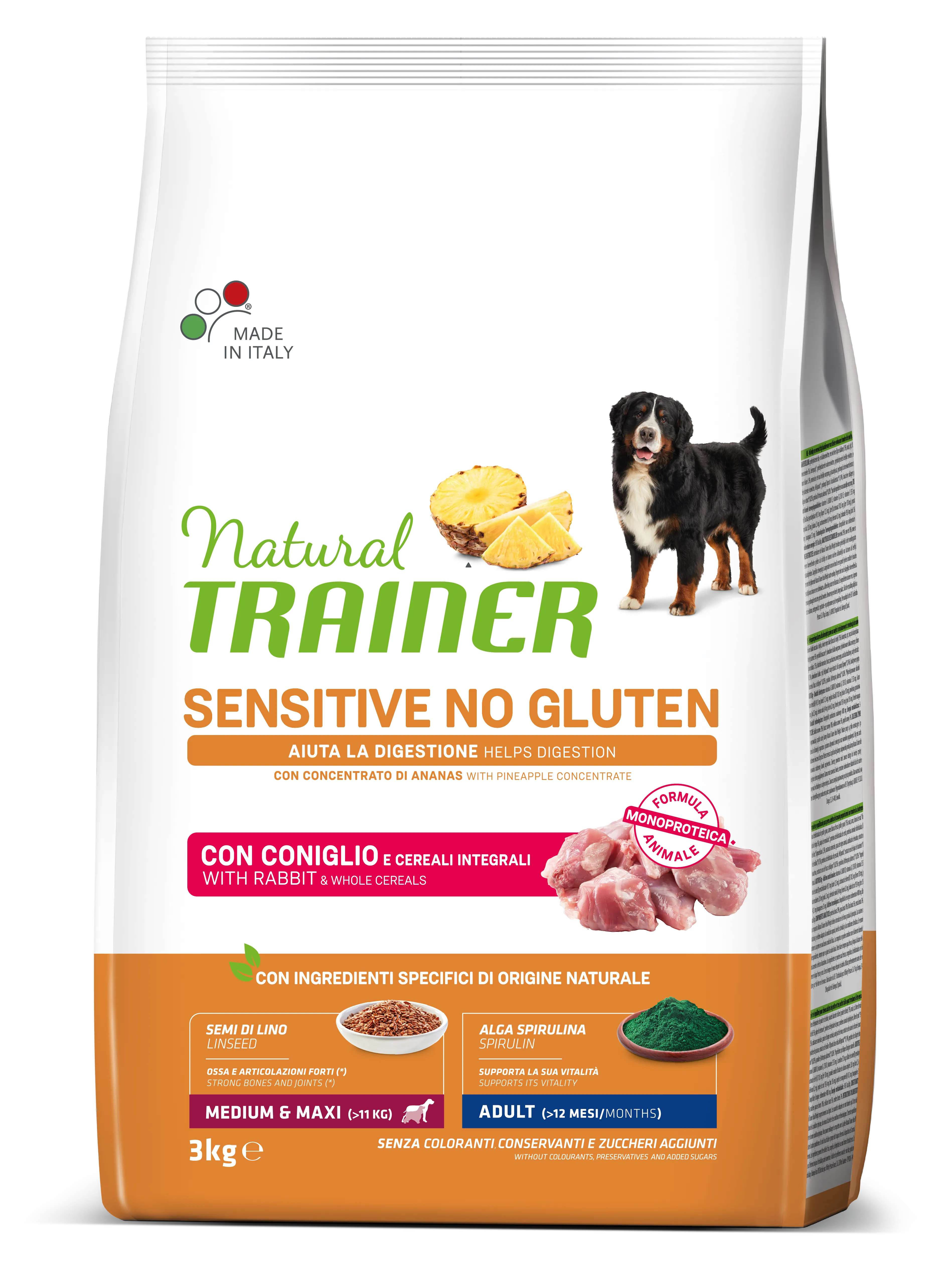 Trainer Natural Dog Sensitive No Gluten Adult Medium&Maxi with Rabbit сухой корм с кроликом и цельными злаками для собак средних и крупных пород с чувствительным пищеварением - 3 кг