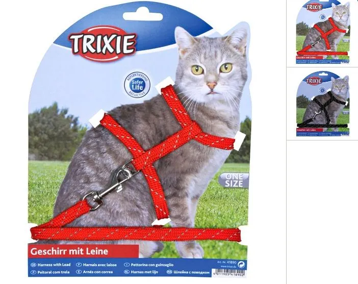 Trixie Шлейка з повідцем для кошенят, світловідбиваюча, нейлон, 27–45 см/10 мм (кольори в асортименті)