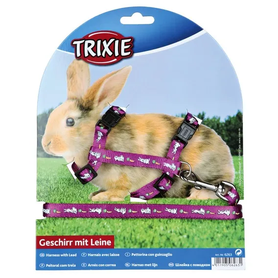 Trixie Шлейка с поводком для кролика, с морковками, нейлон, 25–44 см/10 мм (цвета в ассортименте)
