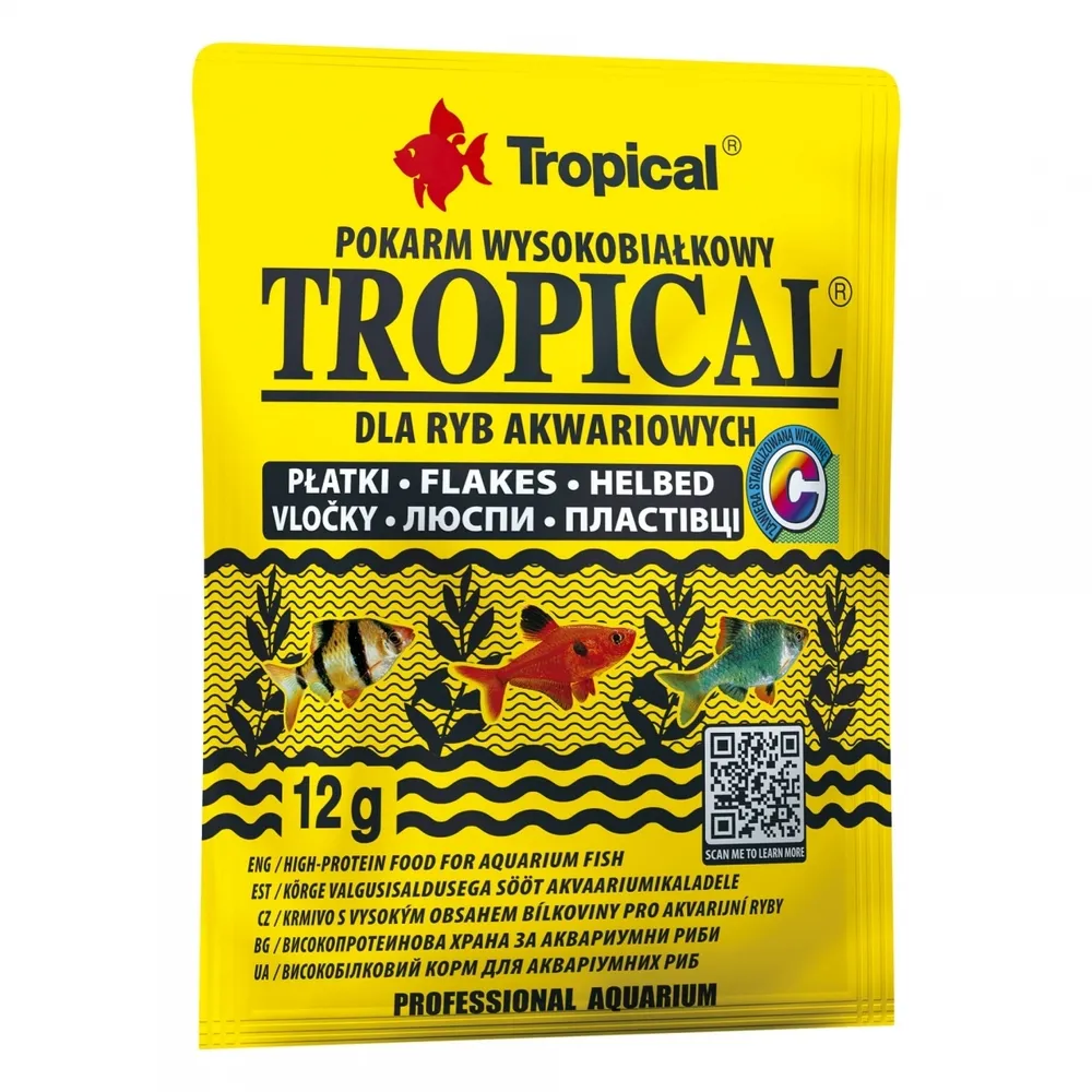 Tropical, 12 г, корм для аквариумных всеядных и мясоядных рыб, с высоким вустом белка, хлопья