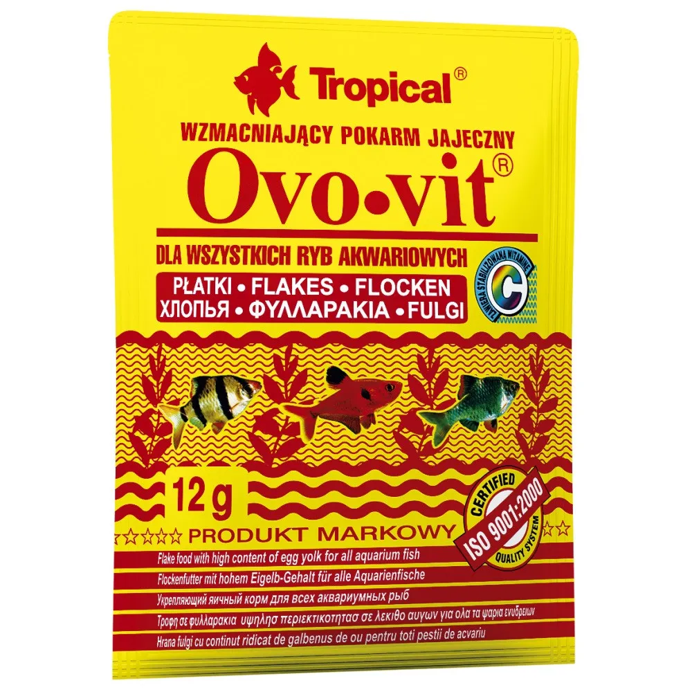 Tropical Ovo-Vit, 12 г, корм для всех аквариумных рыб, с высоким содержанием яичного желтка, хлопья