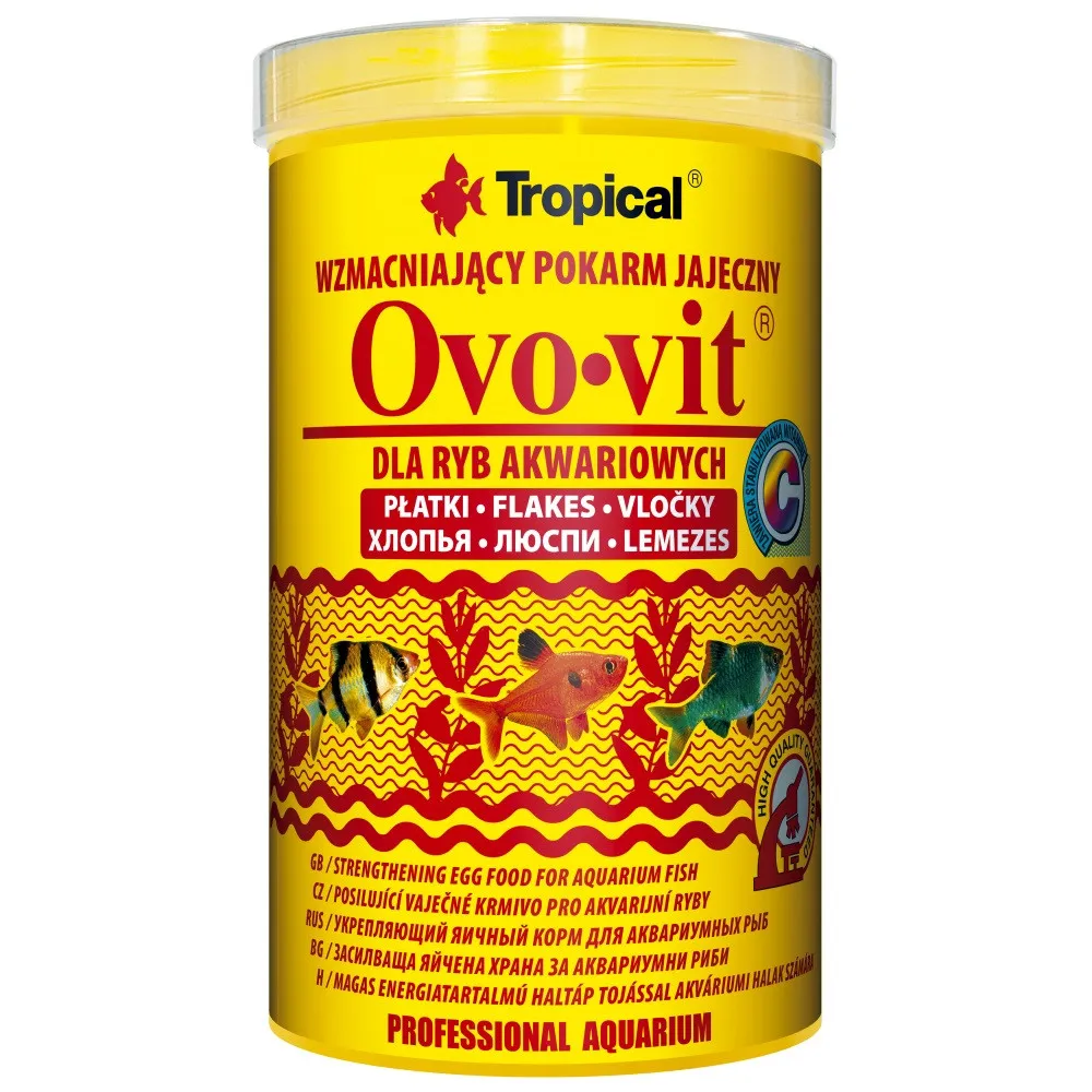 Tropical Ovo-Vit, 1 л/200 г, корм для всех аквариумных рыб, с высоким содержанием яичного желтка, хлопья