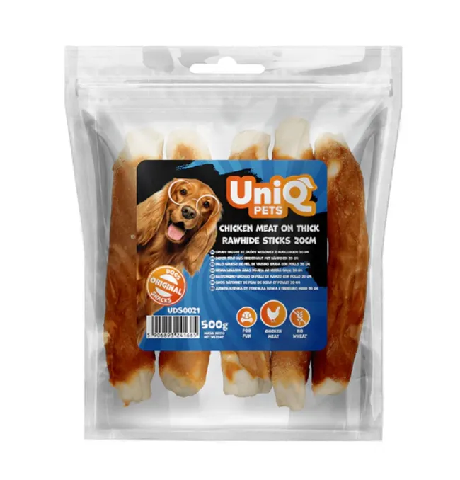 UniQ PETS лакомство для собак, куриное мясо на толстых кожаных стеках 20 см - 500 г