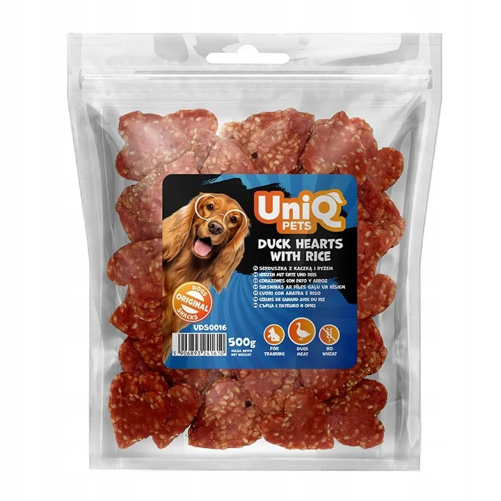 UniQ PETS лакомство для собак, утиные сердечки с рисом - 500 г