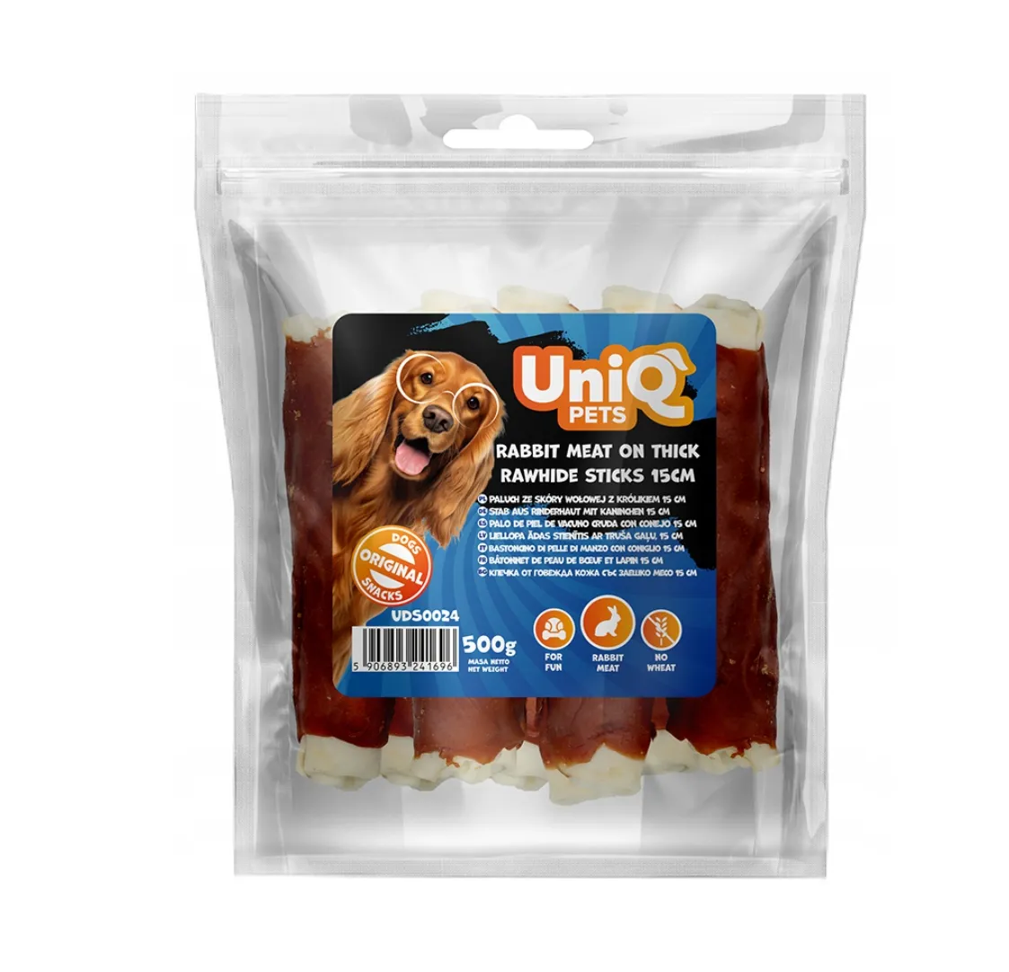 UniQ PETS лакомство для собак, мясо кролика на толстых сыромятных палочках 15 см - 500 г