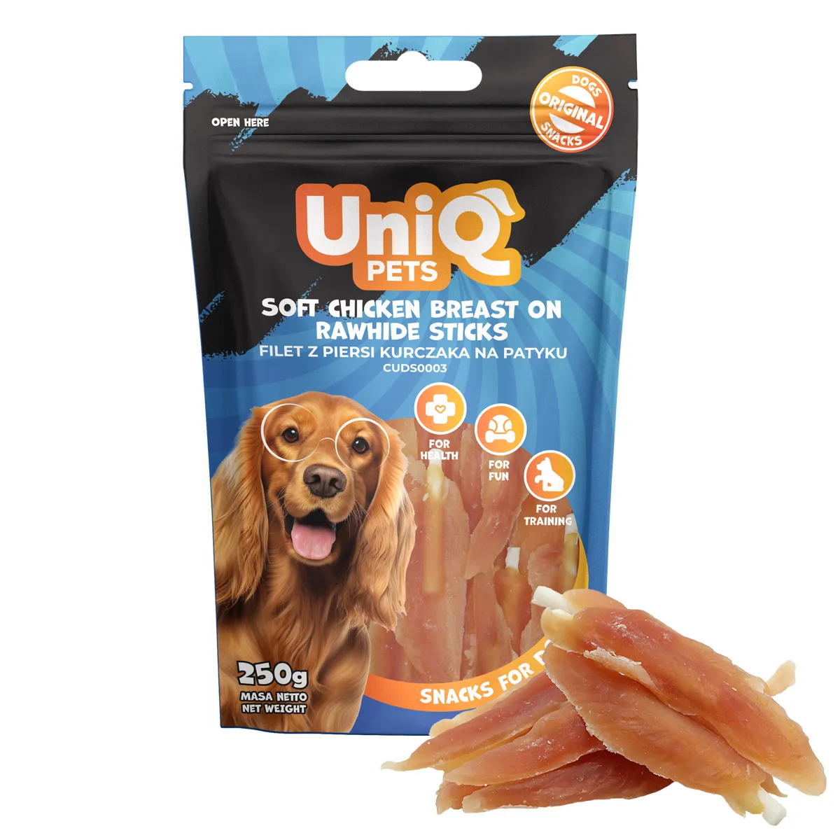 UniQ PETS ласощі для собак, м'яка куряча грудка на сиром'ятних паличках - 250 г