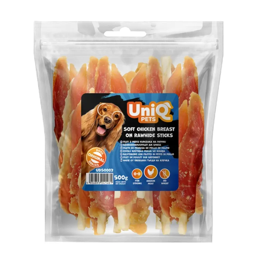 UniQ PETS ласощі для собак, м'яка куряча грудка на сиром'ятних паличках - 500 г