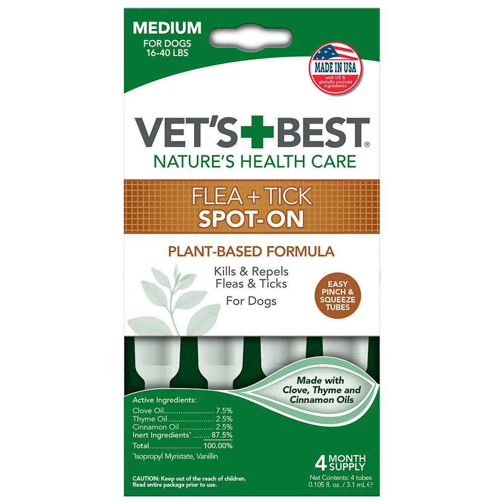 Vet's Best Dog Flea + Tick Spot-on Tubes Medium средство от блох и клещей для собак средних пород (пипетка) – 4х3,1 мл