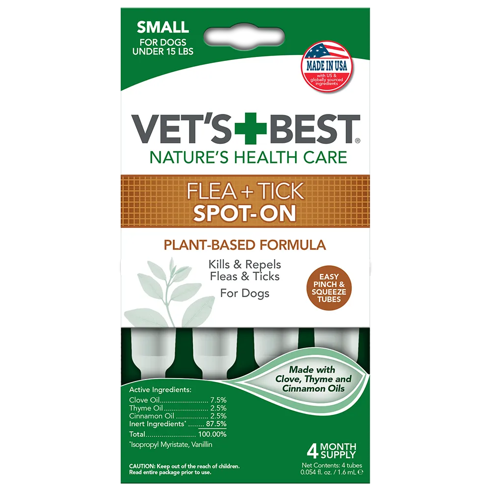 Vet's Best Dog Flea + Tick Spot-on Tubes Small средство от блох и клещей для собак мелких пород (пипетка) - 4х1,6 мл