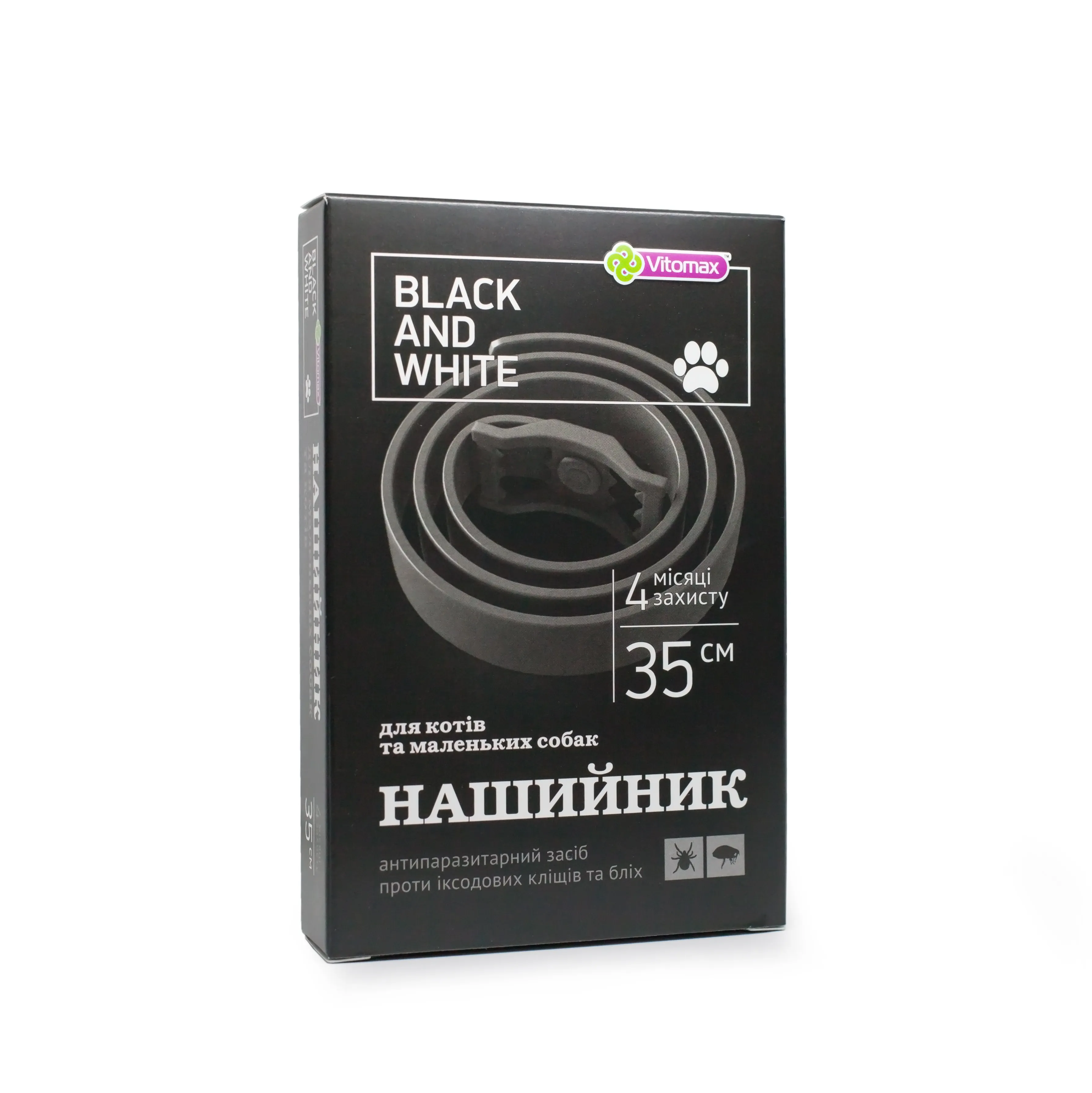 Vitomax Black&White противопаразитарный ошейник от блох и клещей для кошек и собак малых пород (черный; 35 см)