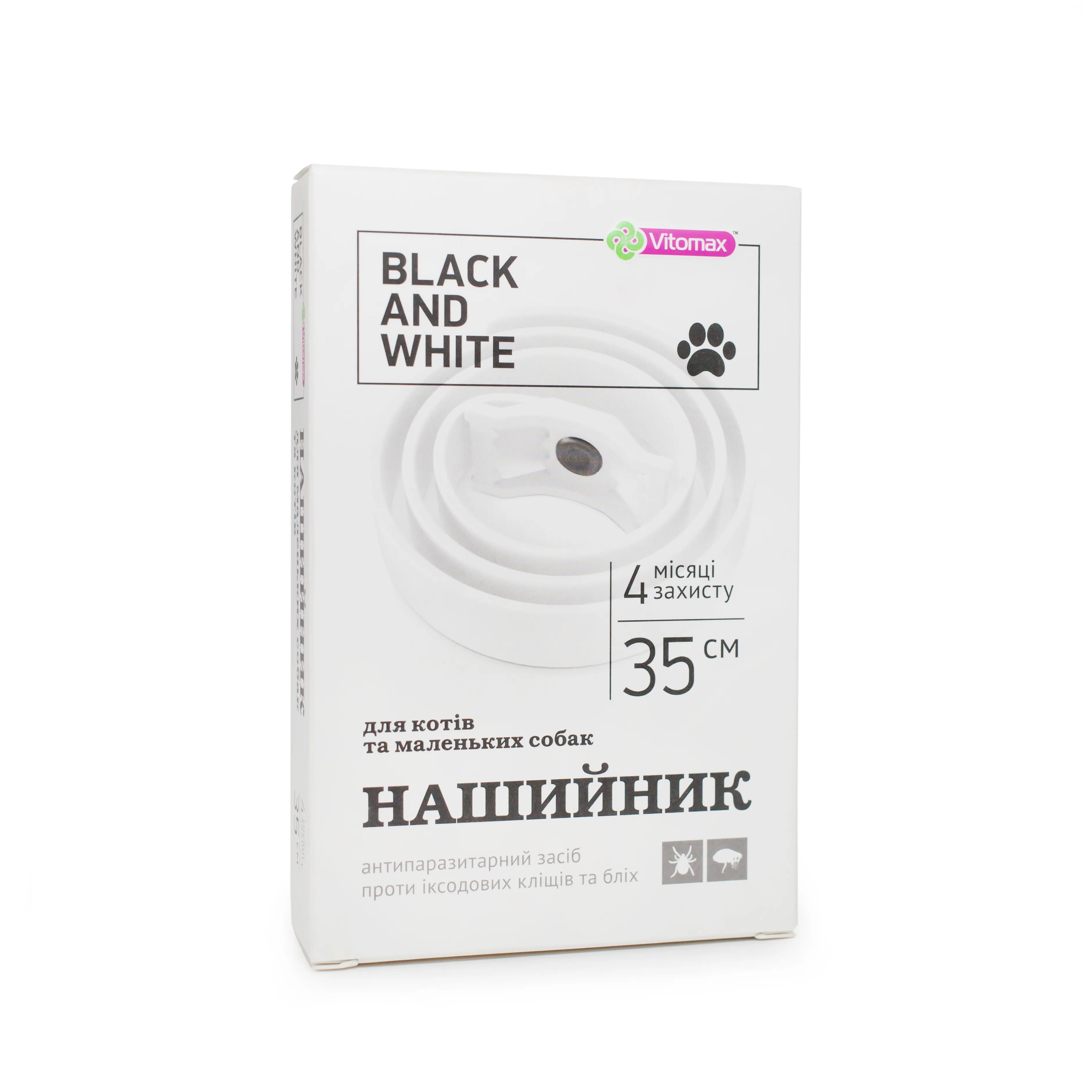 Vitomax Black&White противопаразитарный ошейник от блох и клещей для кошек и собак малых пород (белый; 35 см)