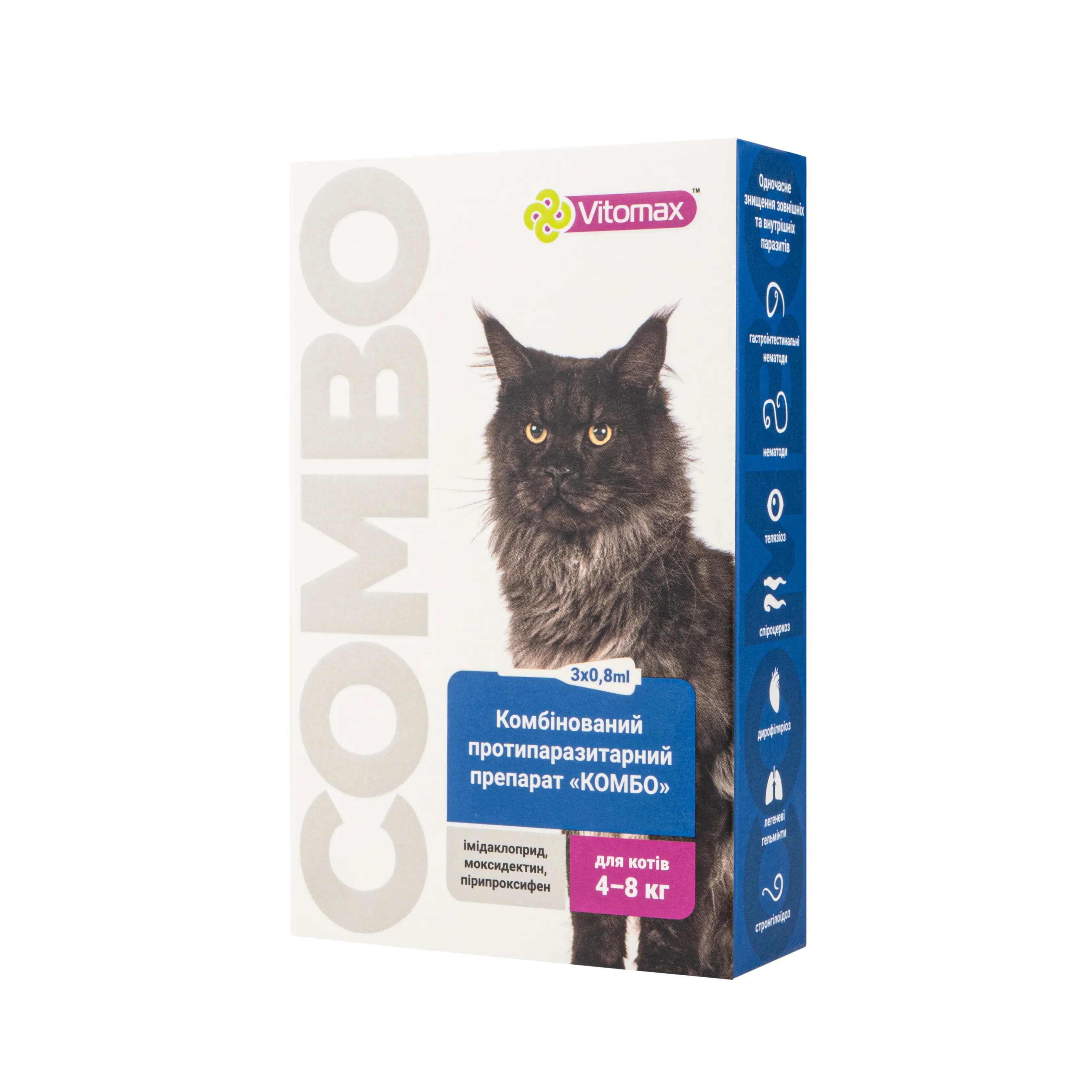 Vitomax Combo противопаразитарные капли от экто- и эндо-паразитов на холку для кошек весом 4-8 кг (3 пипетки/0,8 мл)