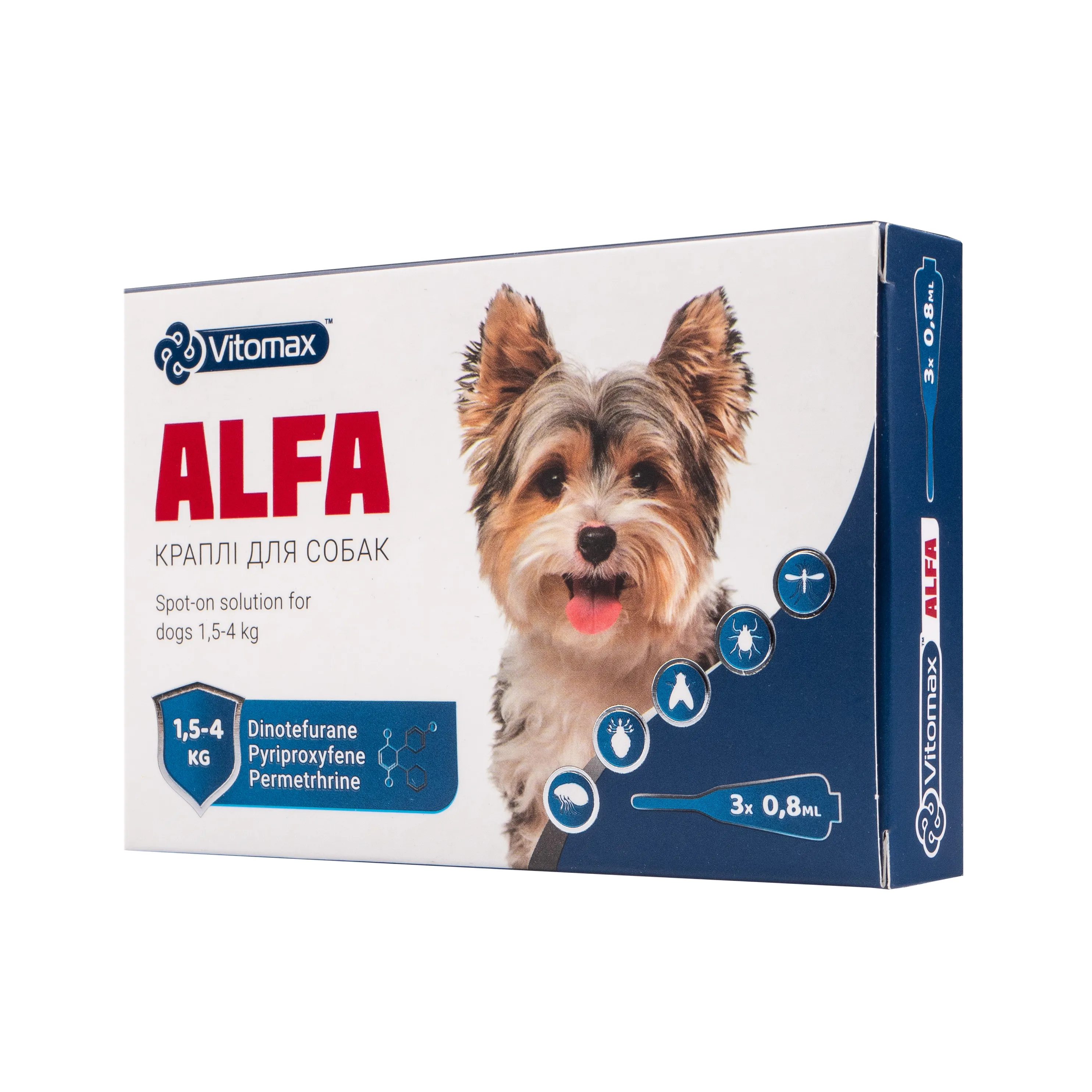 Vitomax Alfa противопаразитарные капли от блох и клещей на холке для собак весом 1,5-4 кг (3 пипетки/0,8 мл)