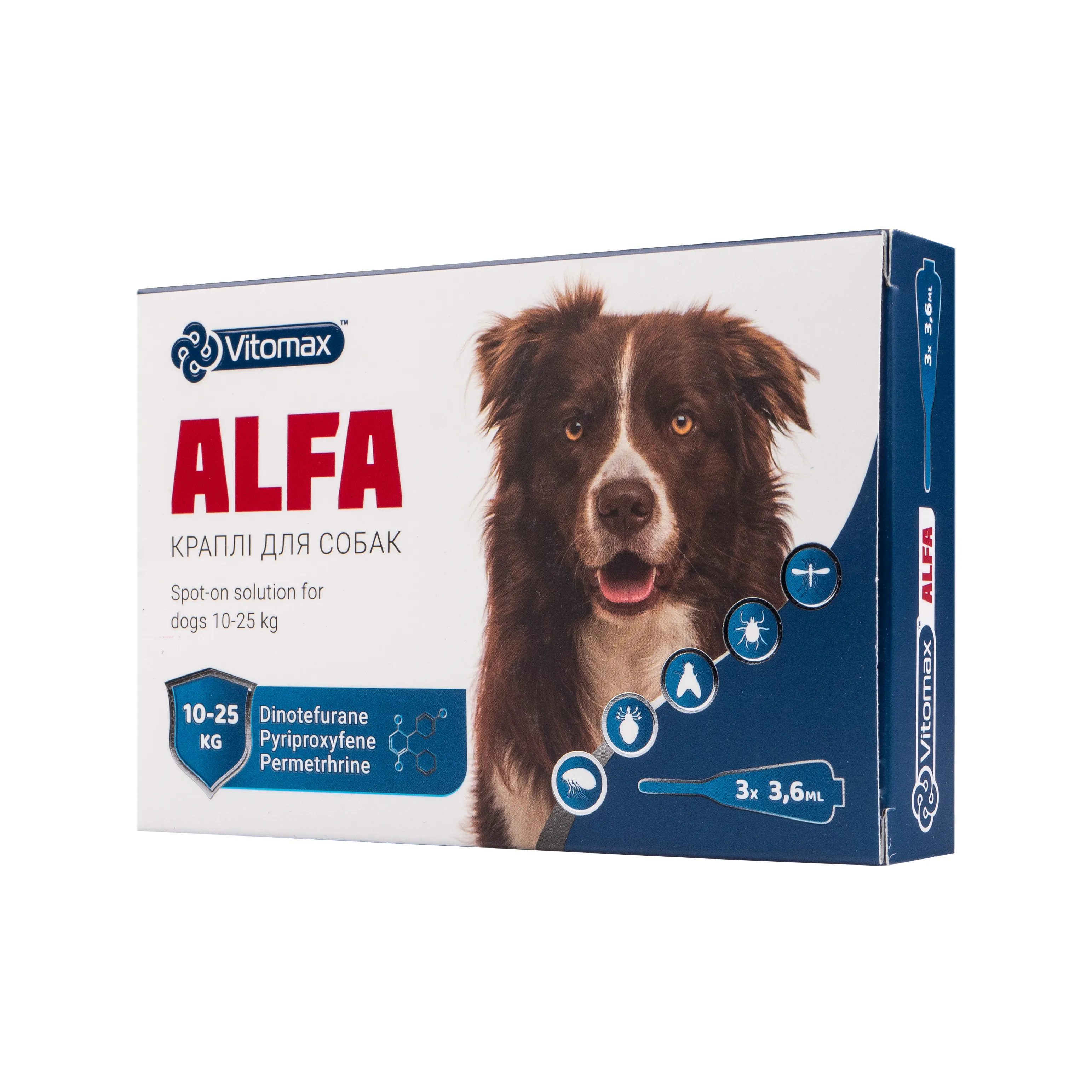 Vitomax Alfa противопаразитарные капли от блох и клещей на холке для собак весом 10-25 кг (3 пипетки/3,6 мл)