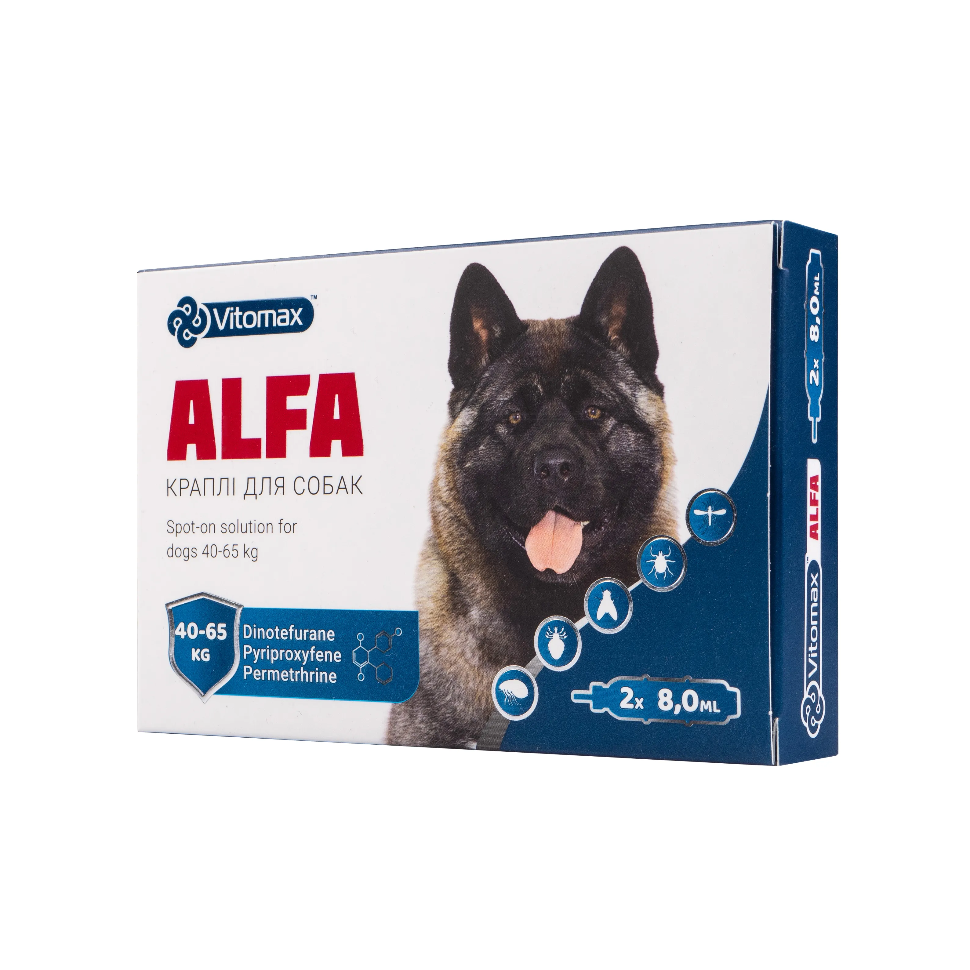 Vitomax Alfa противопаразитарные капли от блох и клещей на холке для собак весом 40-65 кг (3 пипетки/8 мл)