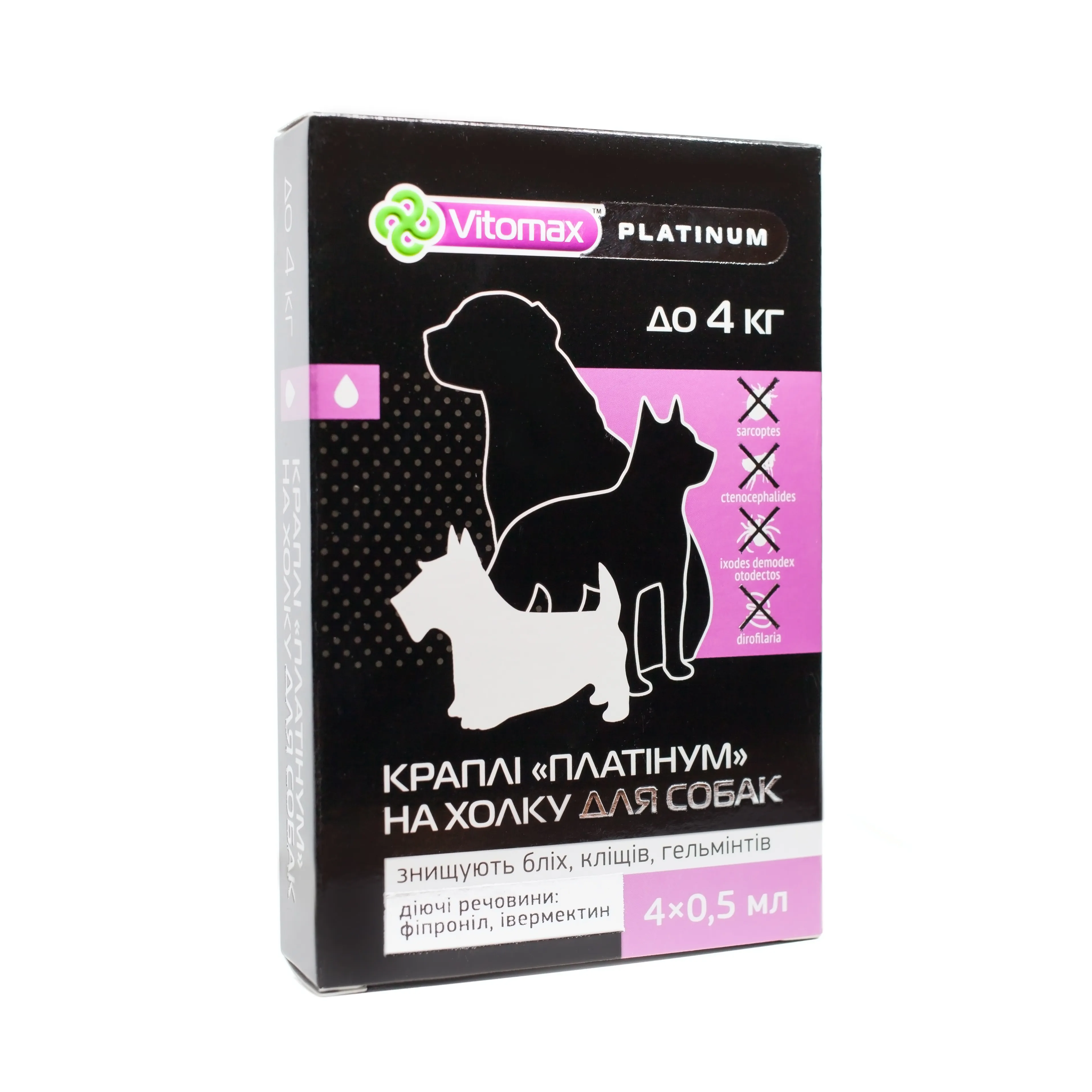 Vitomax Platinum капли "Платинум" на холке от блох, клещей и гельминтов для собак до 4 кг (4 пипетки/0,5 мл)