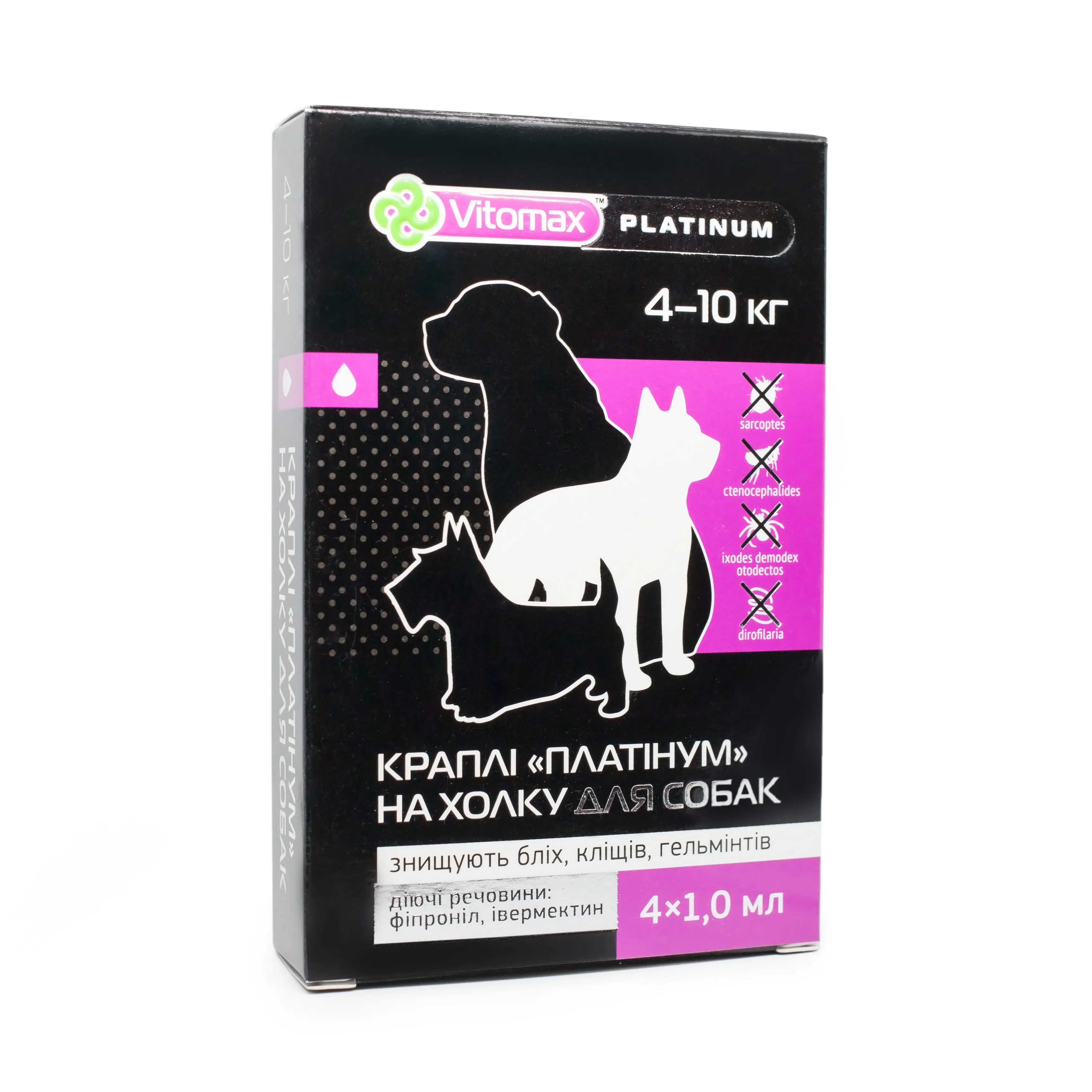 Vitomax Platinum капли "Платинум" на холке от блох, клещей и гельминтов для собак 4-10 кг (4 пипетки/1 мл)